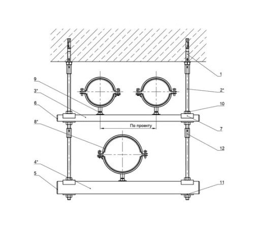 Крепления нескольких трубопроводов к перекрытию в Гродно